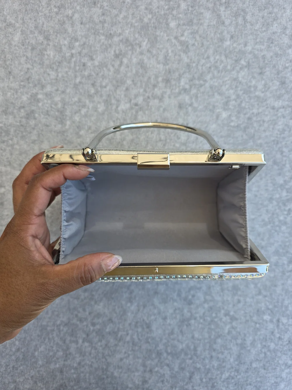 Silver Metallic Structured Top-Handle Evening Bag